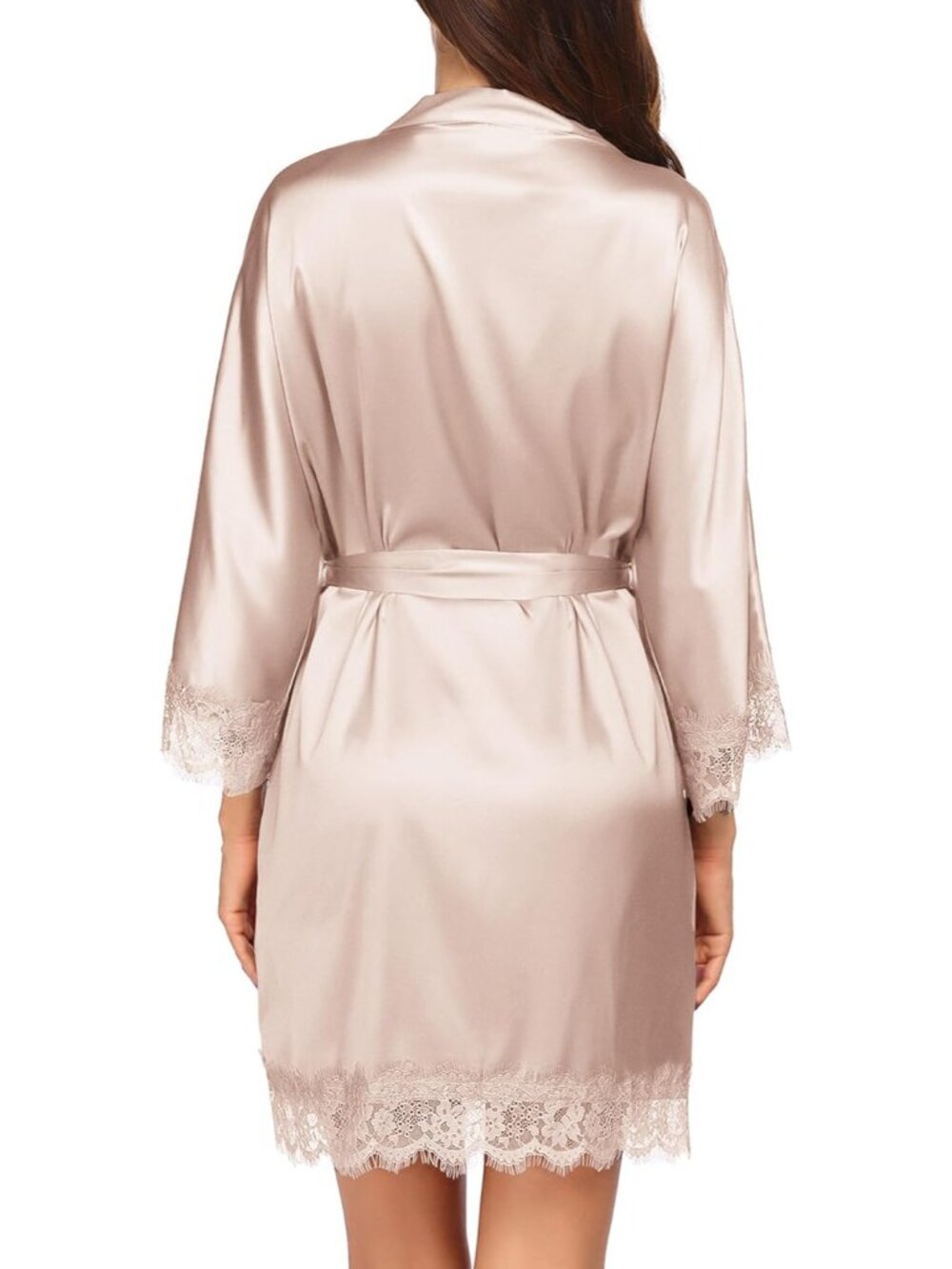 Womens Silk Robe Short Lace Trim Satin Robe 3/4 Sleeve Sexy Kimono Bride Bathrob - Picture 5 of 5